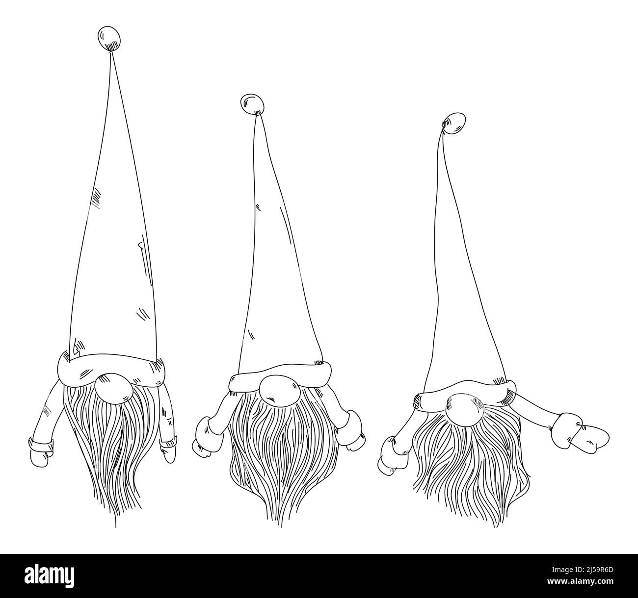 Gnome scandinavo con cappello e barba grande, illustrazione di linea di scorta. Illustrazione Vettoriale