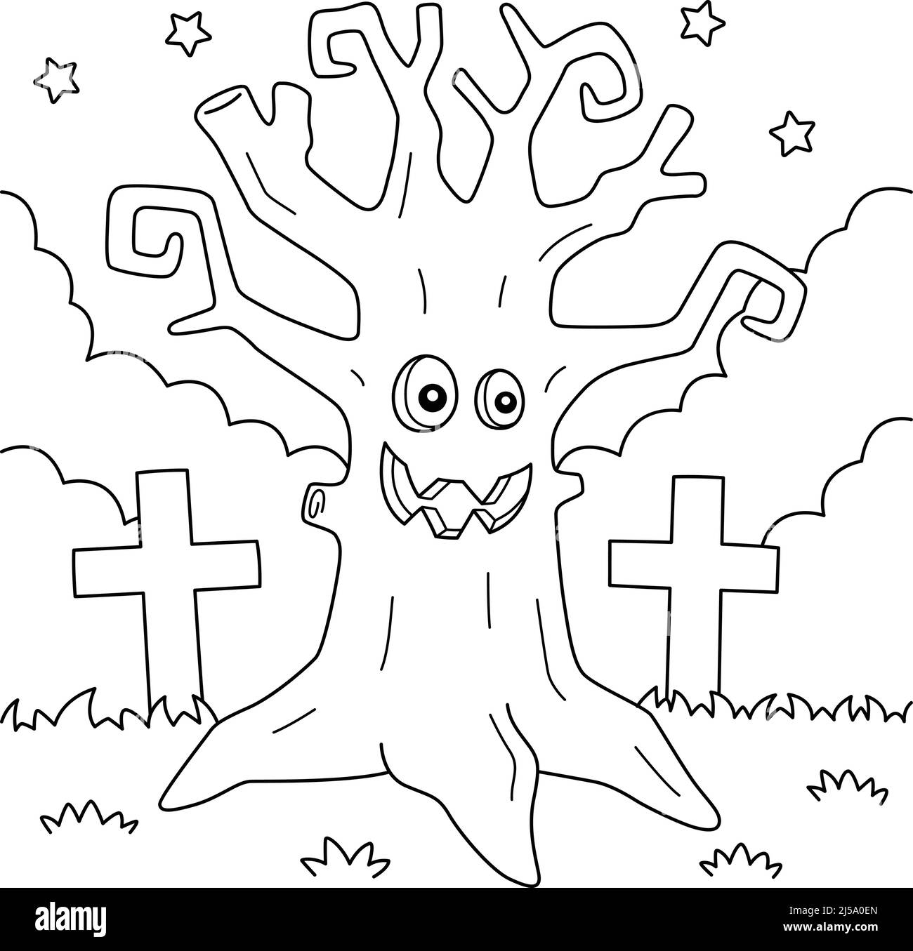 Scary Tree Halloween colorazione pagina per i bambini Illustrazione Vettoriale