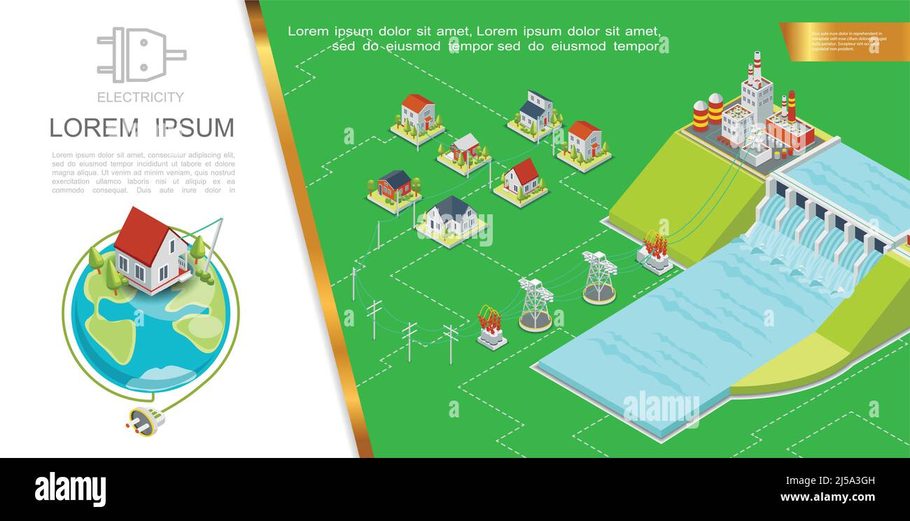 Concetto di idroelettricità isometrica con centrale idroelettrica torri di trasmissione elettriche i trasformatori alloggiano la spina elettrica del pianeta terra vect Illustrazione Vettoriale