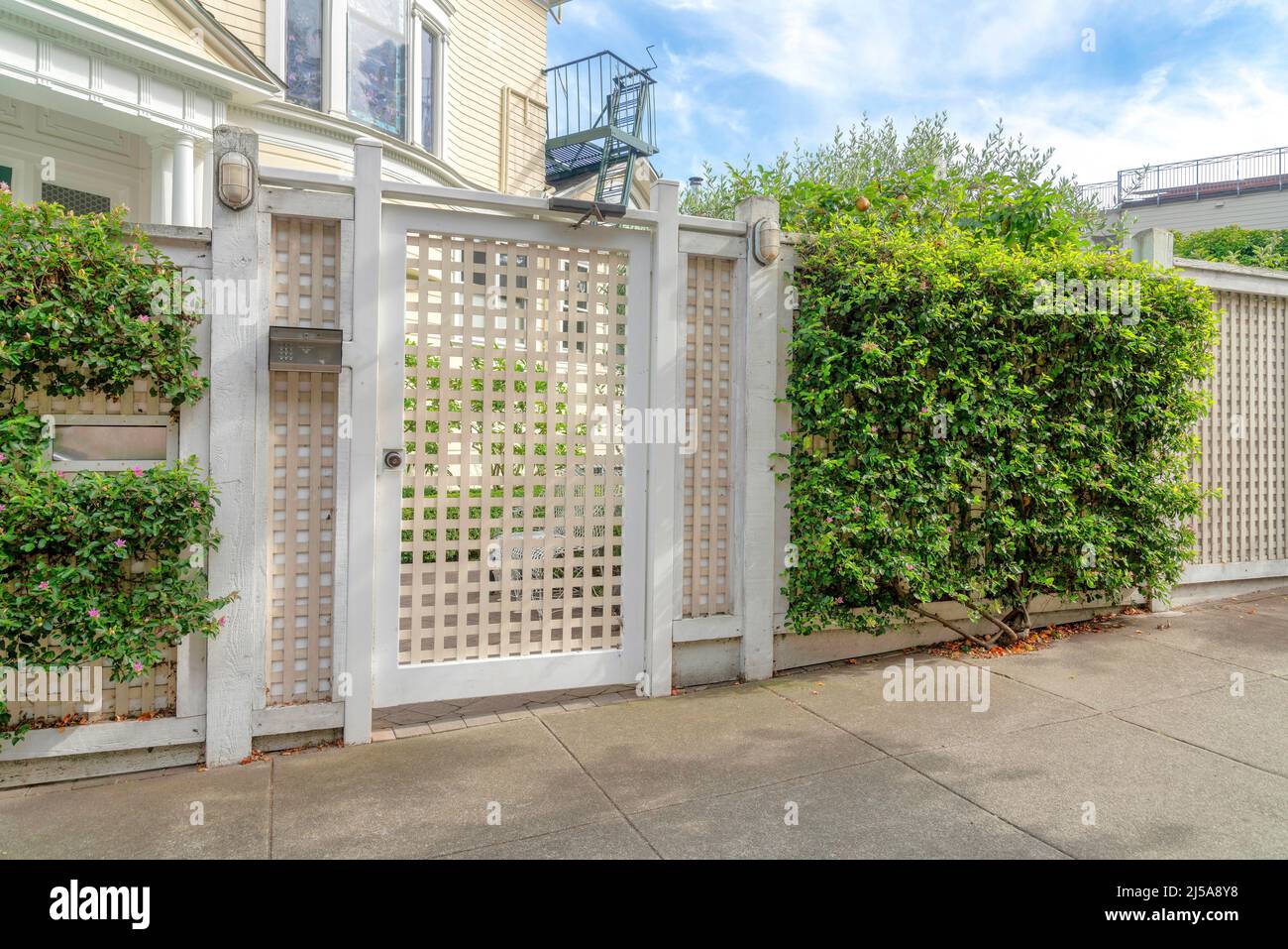 Griglia beige porta singola con arbusti sulla recinzione a San Francisco, California. Porta d'ingresso con lettera e luci sul lato contro la casa Foto Stock