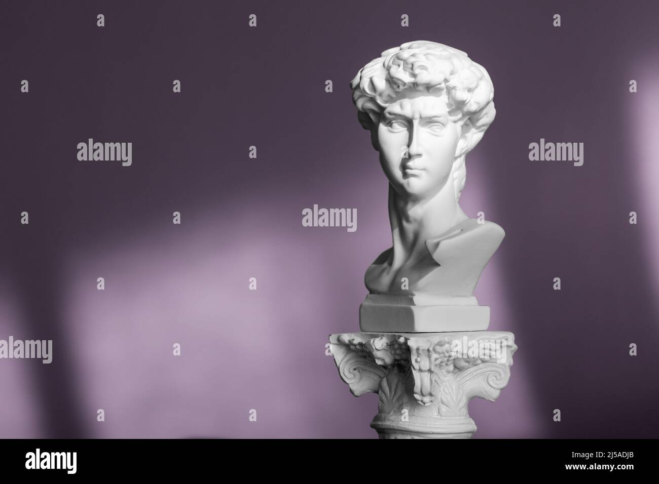 Testa di marmo bianco del giovane uomo, testa della famosa statua di Michelangelo - David da Firenze. Copia in gesso della statua antica testa sullo sfondo con Foto Stock