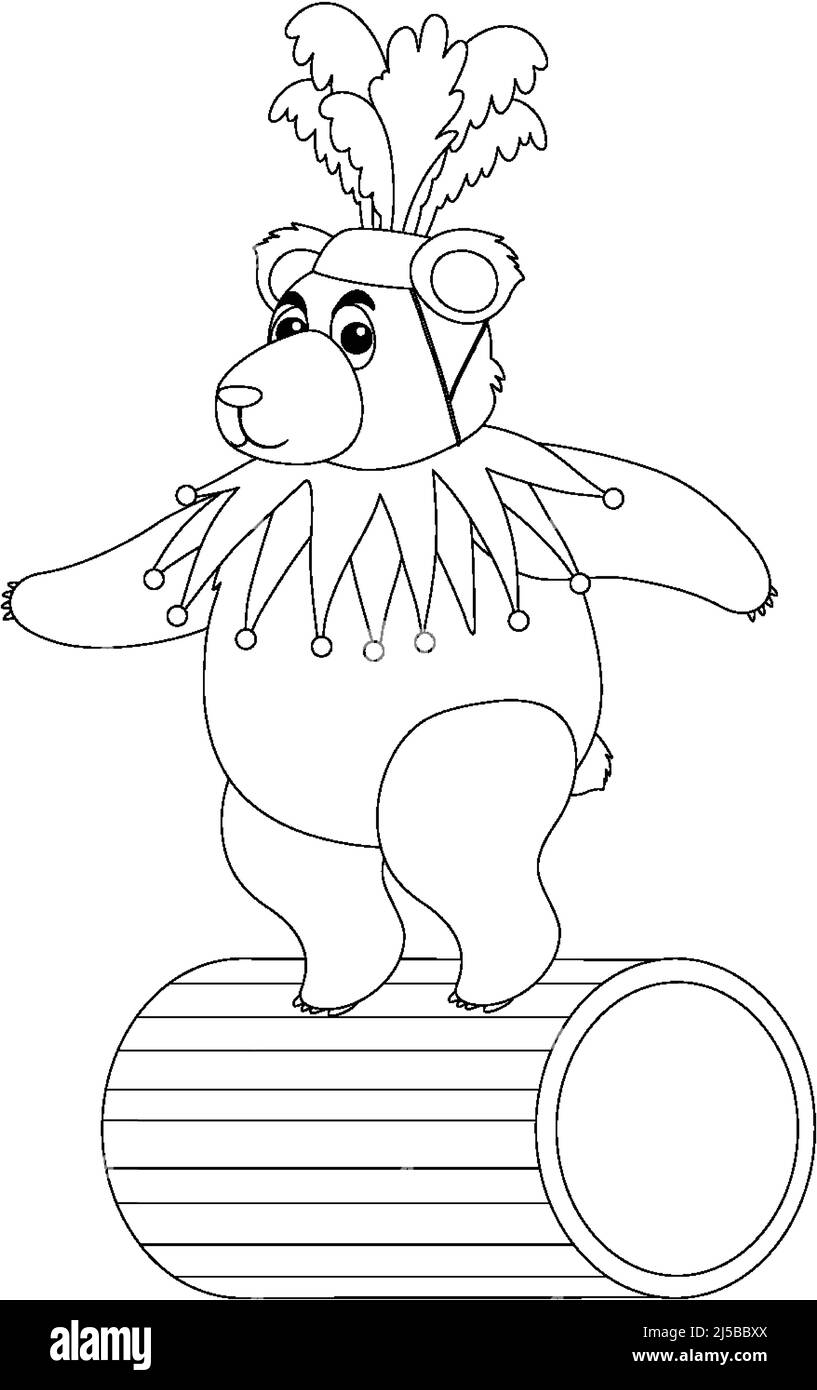 Orso Circus in piedi su un barile di legno nero e bianco scarabeo personaggio illustrazione Illustrazione Vettoriale
