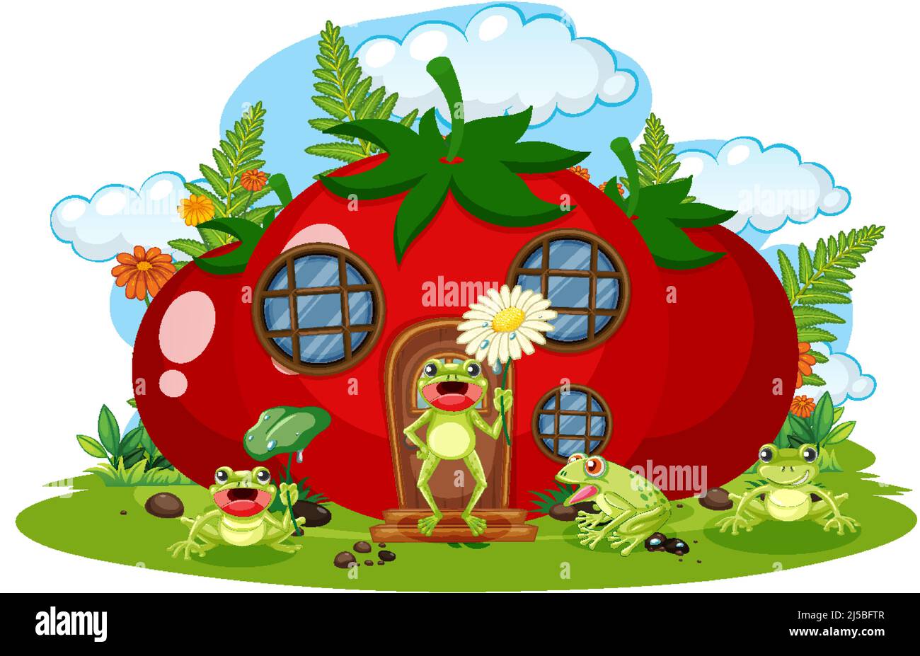 Fantasy casa di pomodoro con illustrazione di rane cartone animato Illustrazione Vettoriale