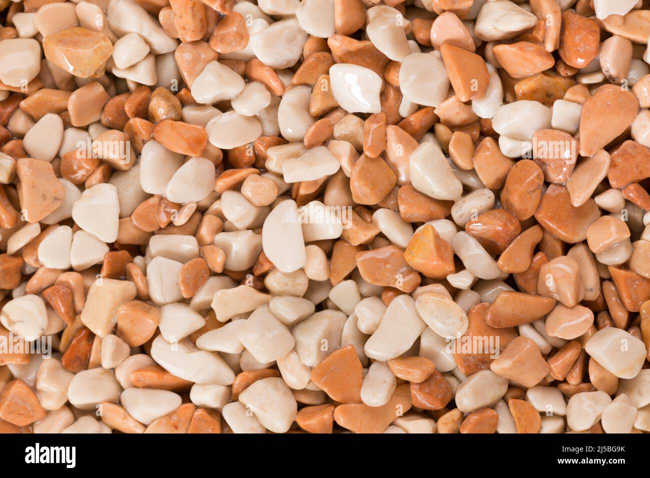 Piccola texture di fondo arancione e bianco bagnato in pietra di ciottoli. Foto Stock