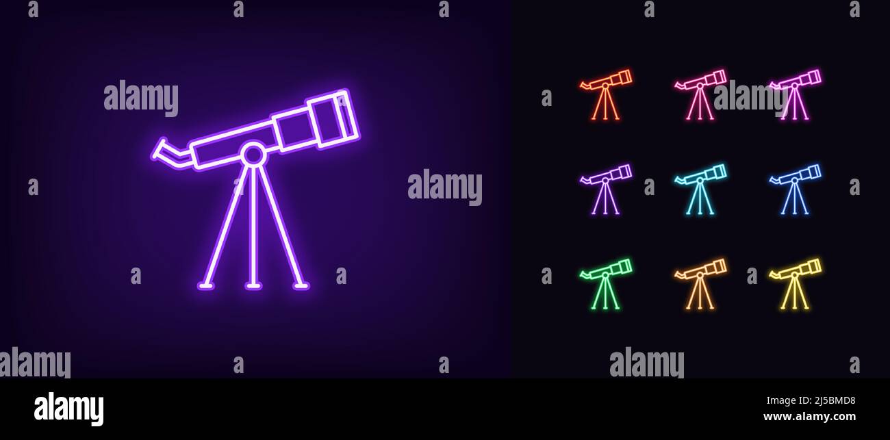 Icona del telescopio spazio al neon. Glass monoculare al neon incandescente, pittogramma al planetario. Esplorazione COSMOS e scoperta dell'universo, osservatore dello spazio Illustrazione Vettoriale