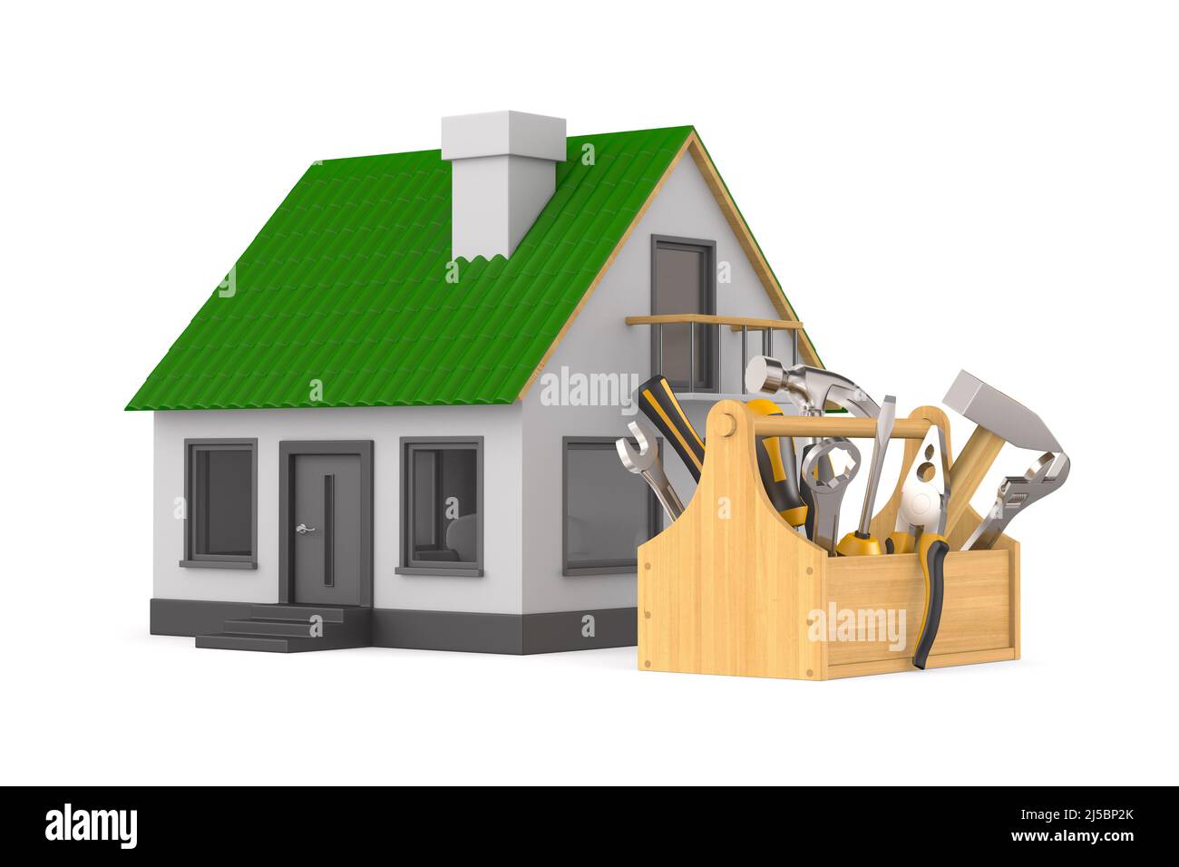 casa e strumenti su sfondo bianco. Illustrazione 3D isolata Foto Stock