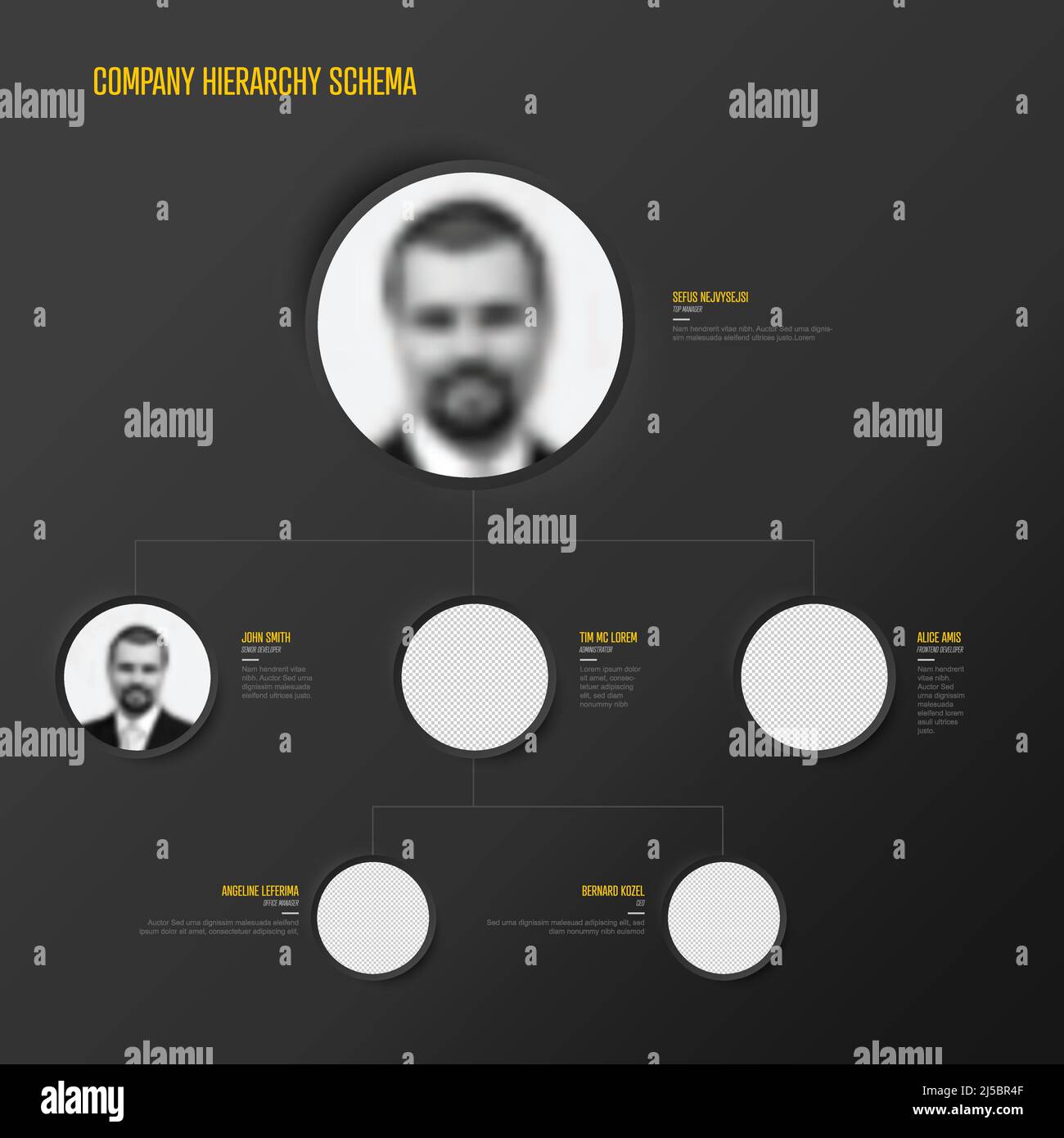 Modello di schema grafico gerarchia organizzazione aziendale minimalista e scuro - versione scura con foto sui segnaposto di rilievo cerchio. Persone semplici grafico dia Illustrazione Vettoriale