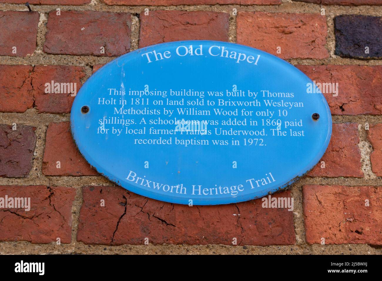 Brixworth Heritage Trail targa blu per la Old Old Chapel, Brixworth, Northamptonshire, Regno Unito Foto Stock