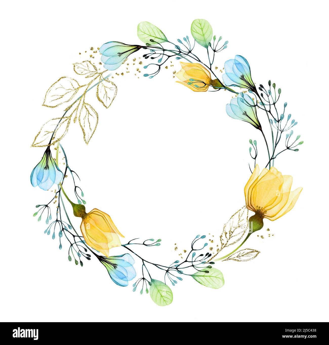 Corona floreale acquerello con rose gialle e gocce di neve blu. Cornice rotonda astratta con fiori e foglie ucraini. Illustrazione dipinta a mano con Foto Stock