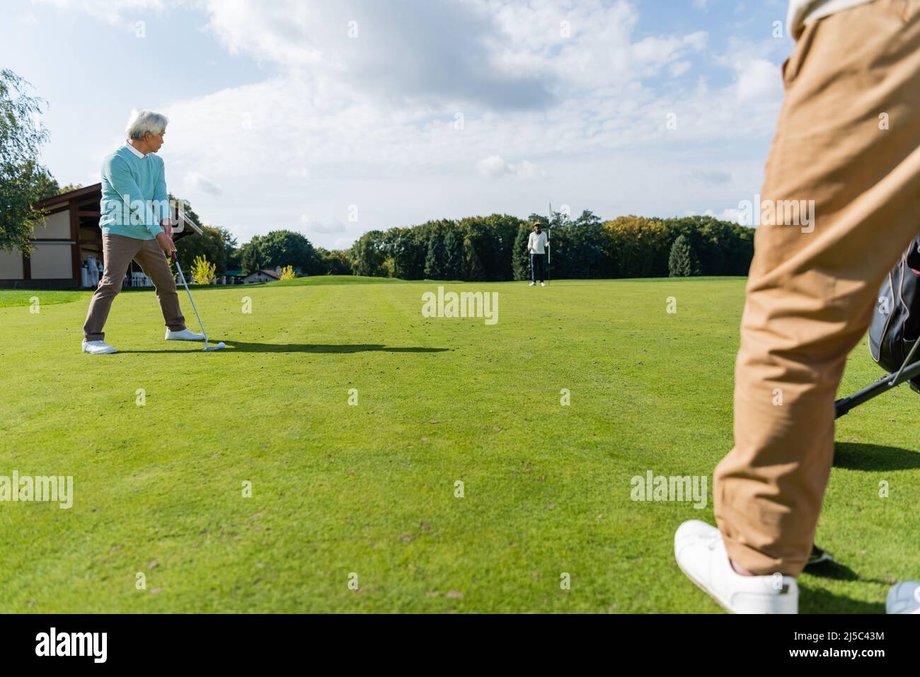 uomo asiatico anziano che gioca il golf con gli amici interrazziali ricchi sul prato Foto Stock