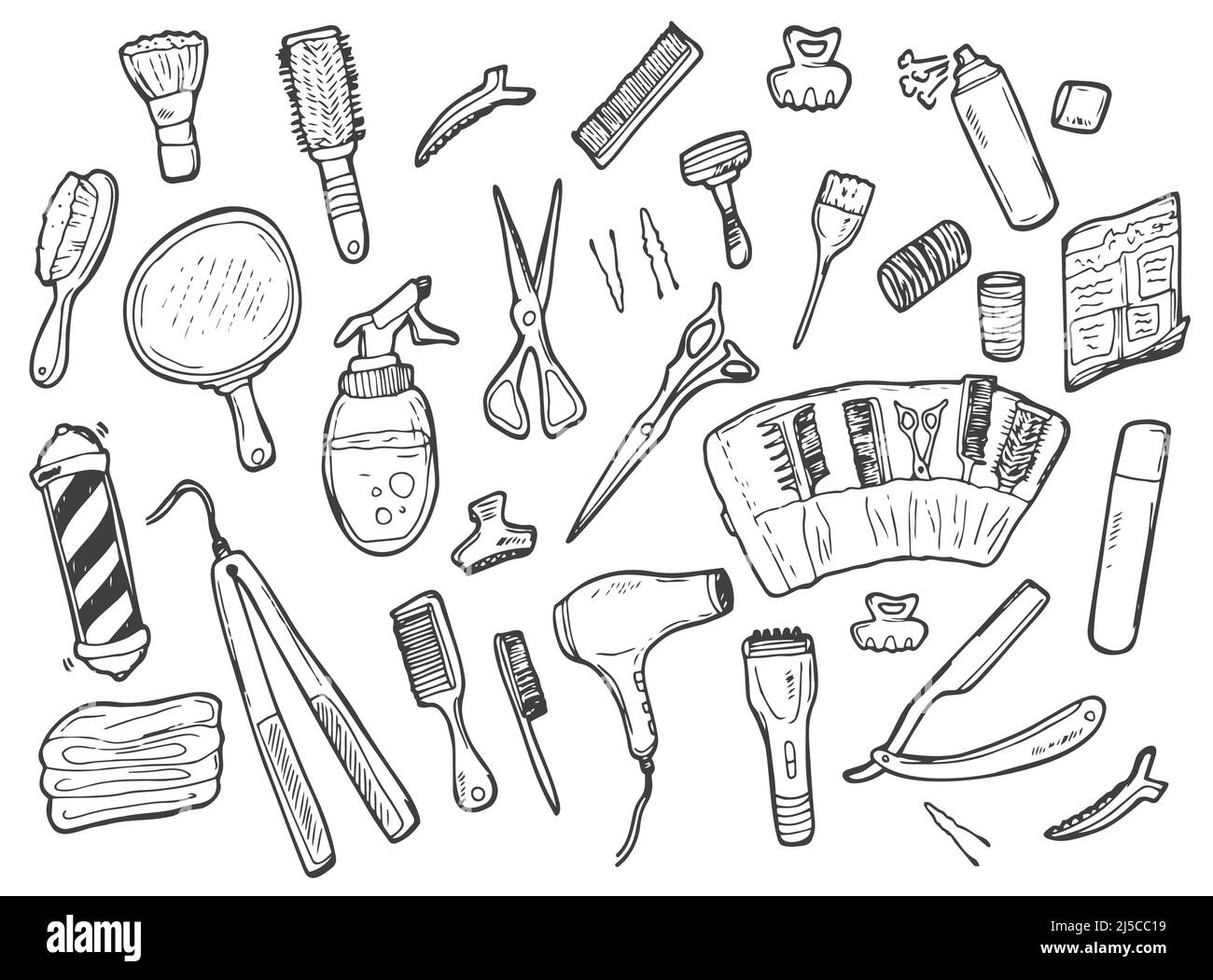 Set di scarabocchi sul tema del parrucchiere. Icone, disegno a mano libera. Asciugacapelli, forbici, pettini e altri oggetti su sfondo bianco Illustrazione Vettoriale