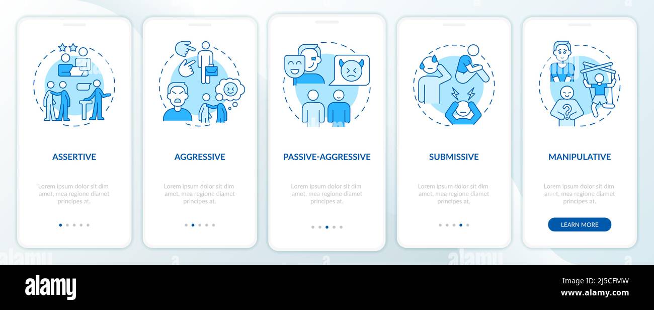 Stili di comunicazione di base schermata blu dell'app mobile onboarding Illustrazione Vettoriale