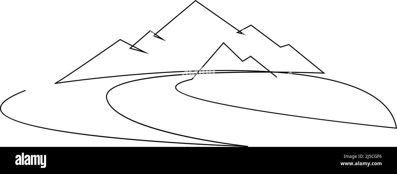 Paesaggio di montagna con fiume. Disegno minimalista a linea singola continua. Grafica da viaggio. Illustrazione vettoriale. Nero su bianco Illustrazione Vettoriale