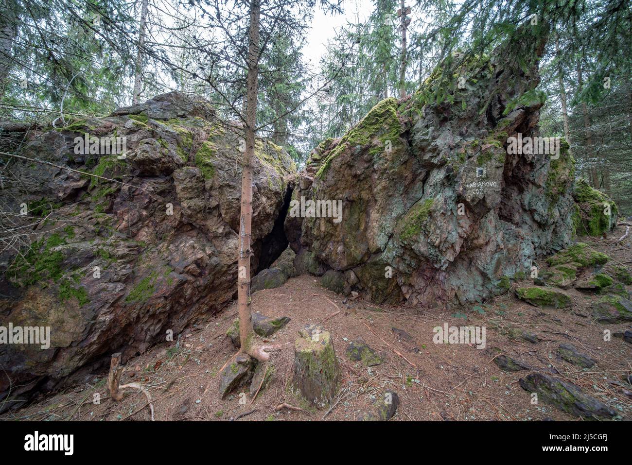 Il letto di Fabian ('Fabiánovo lože'), una formazione rocciosa sulla collina di Velka Baba, Brdy mts., Czechia. Sede dello spirito custode locale secondo le leggende popolari. Foto Stock
