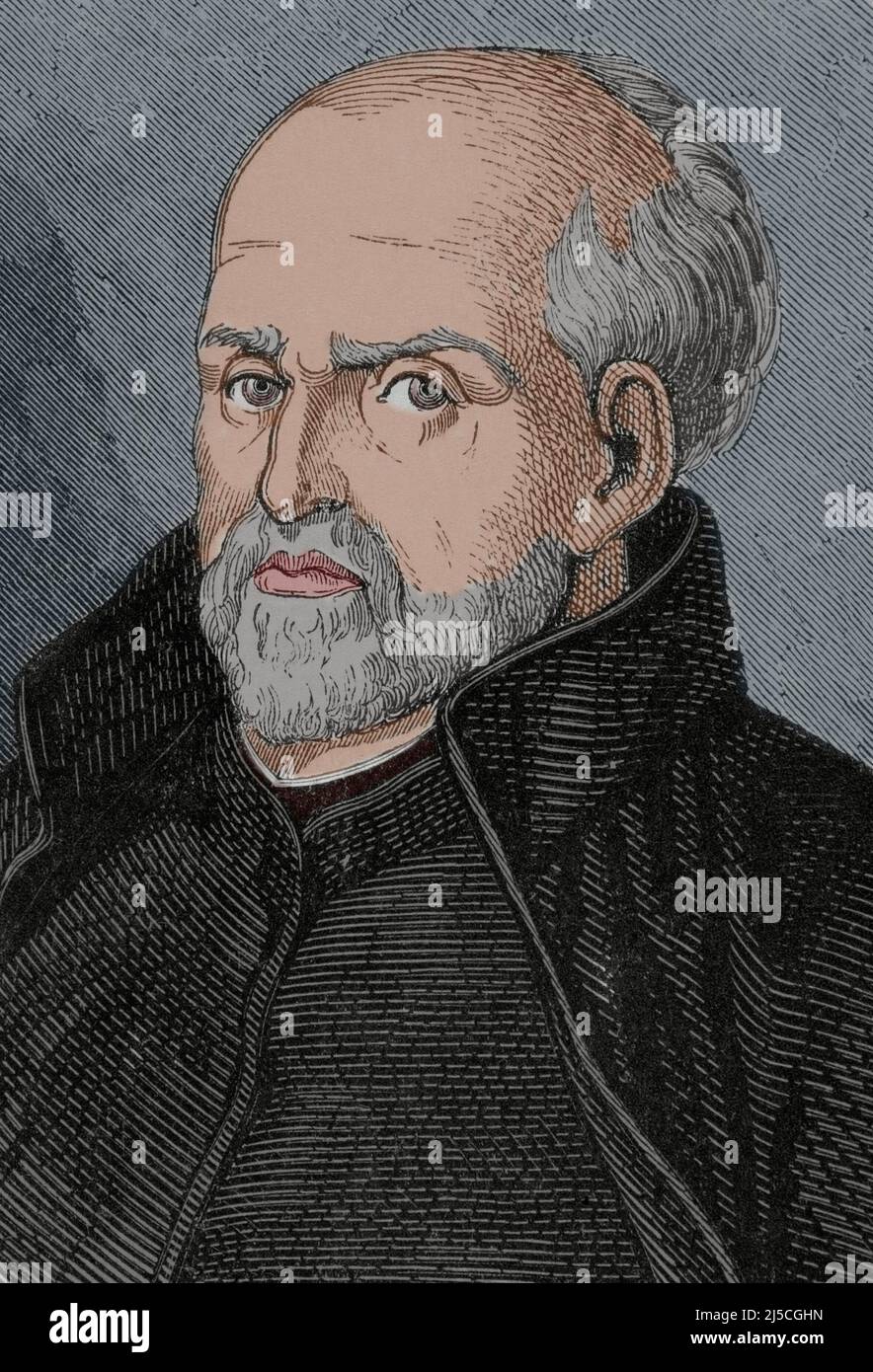 Juan de Mariana, noto anche come Padre Mariana (1536-1624). Teologo e storico gesuita spagnolo. Verticale. Incisione. Successiva colorazione. Historia General de España di Padre Mariana. Madrid, 1852. Foto Stock