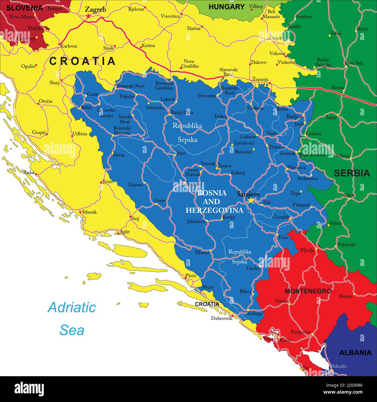 Mappa vettoriale molto dettagliata della Bosnia-Erzegovina con regioni amministrative, principali città e strade. Illustrazione Vettoriale