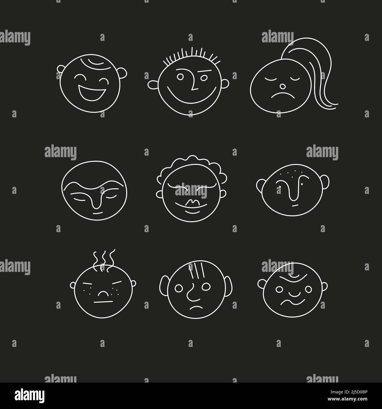 Set di simpatici volti divertenti, cartoni animati. Personaggi astratti, avatar comico. Hipster cute femmina e maschio Doodle illustrazione Illustrazione Vettoriale