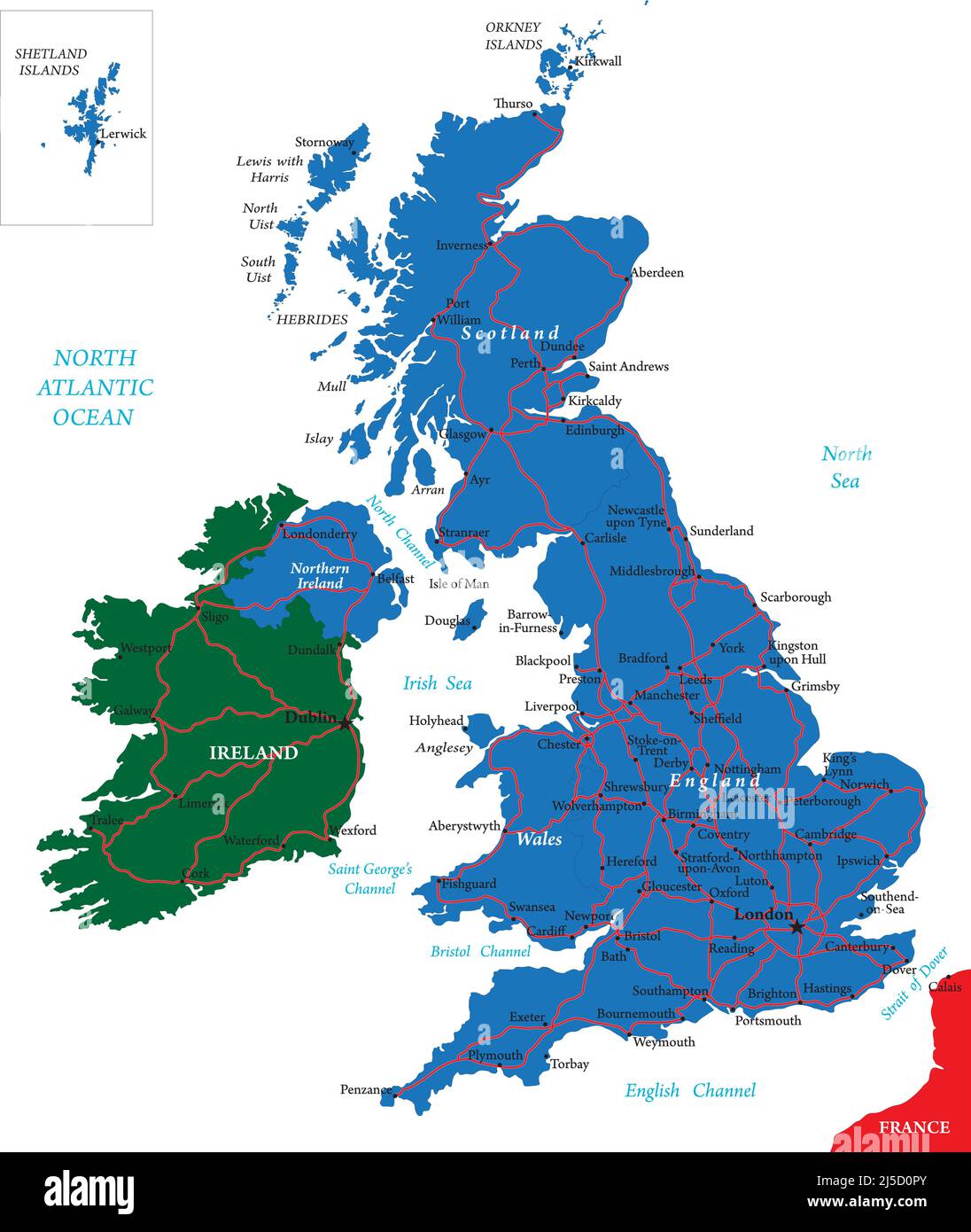 Mappa vettoriale del Regno Unito con le principali regioni, città e strade. Illustrazione Vettoriale