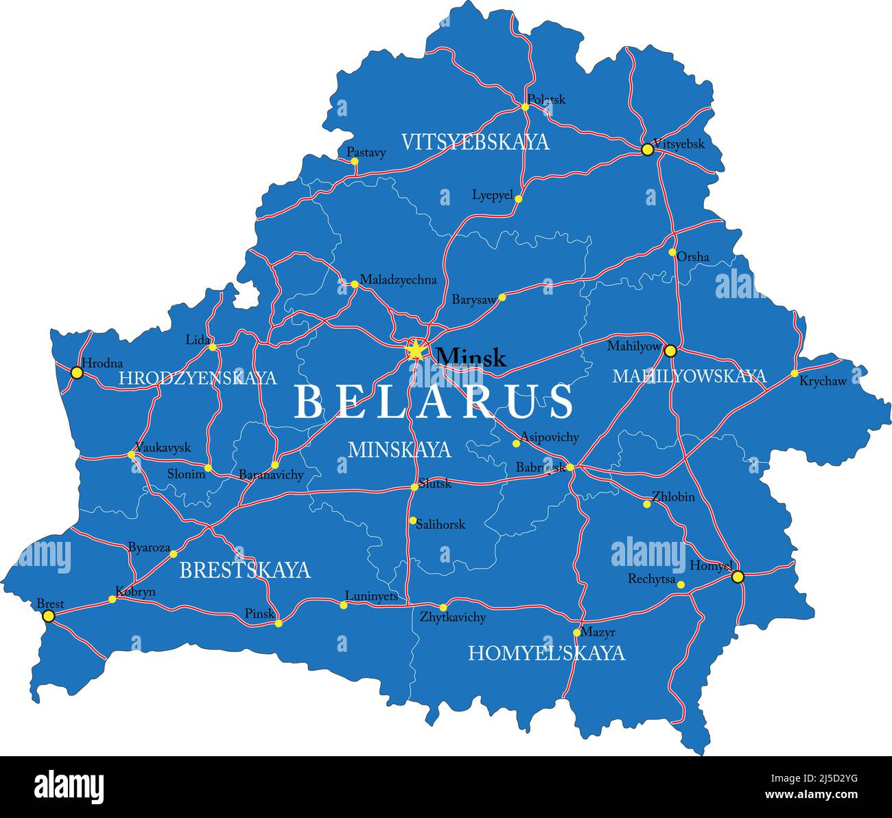 Mappa vettoriale della Bielorussia con le regioni amministrative, le principali città e le strade. Illustrazione Vettoriale
