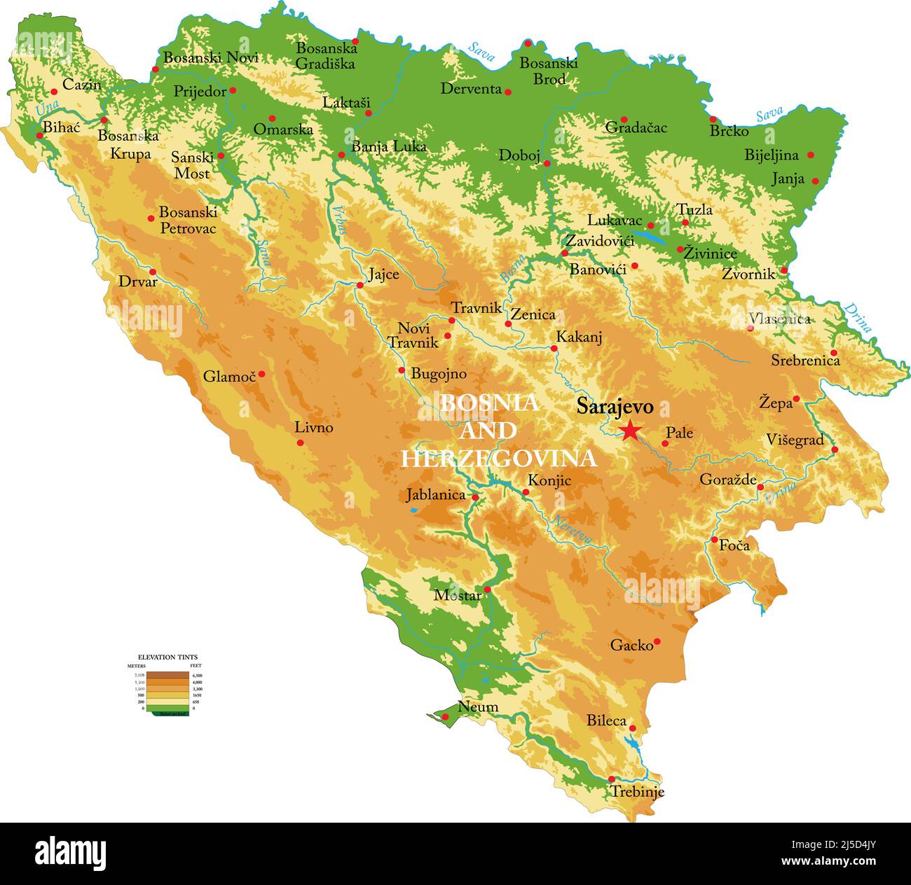 Mappa fisica molto dettagliata della Bosnia-Erzegovina, in formato vettoriale, con tutte le forme di rilievo, regioni e grandi città. Illustrazione Vettoriale