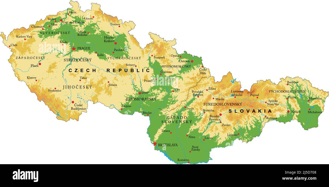 Mappa fisica molto dettagliata della Repubblica Ceca e della Slovacchia, in formato vettoriale, con tutte le forme di rilievo, le regioni e le grandi città. Illustrazione Vettoriale