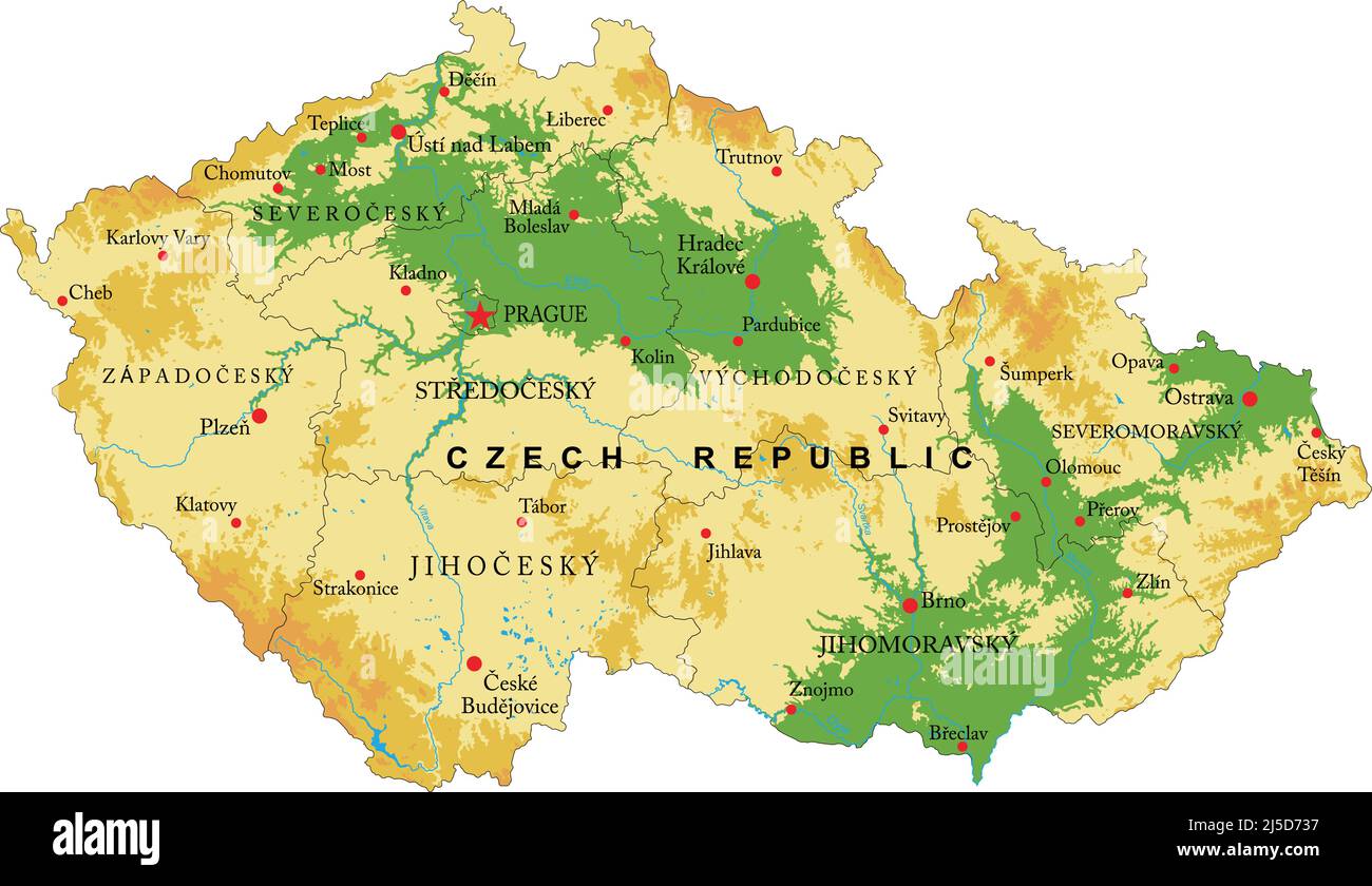 Mappa fisica molto dettagliata della Repubblica Ceca, in formato vettoriale, con tutte le forme di rilievo, regioni e grandi città. Illustrazione Vettoriale