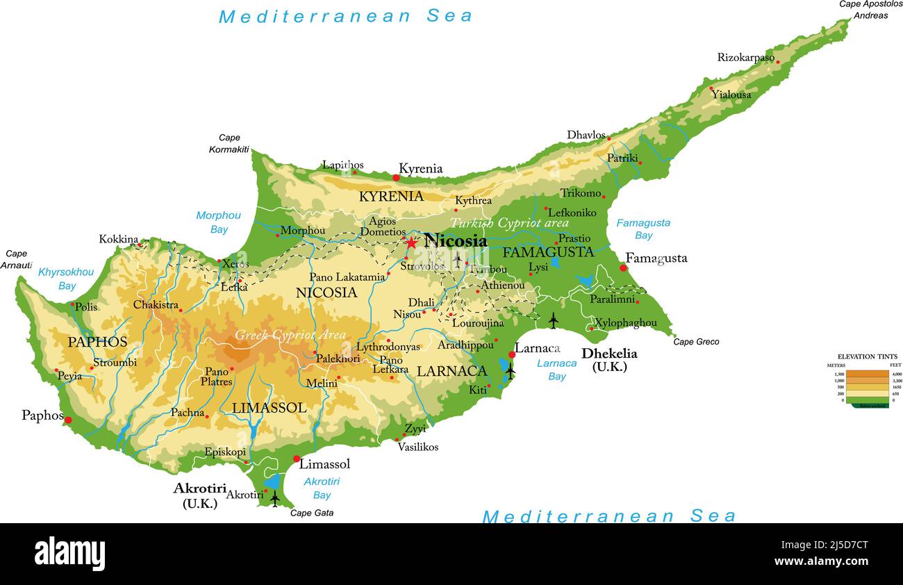 Mappa fisica molto dettagliata di Cipro, in formato vettoriale, con tutte le forme di rilievo, regioni e grandi città. Illustrazione Vettoriale