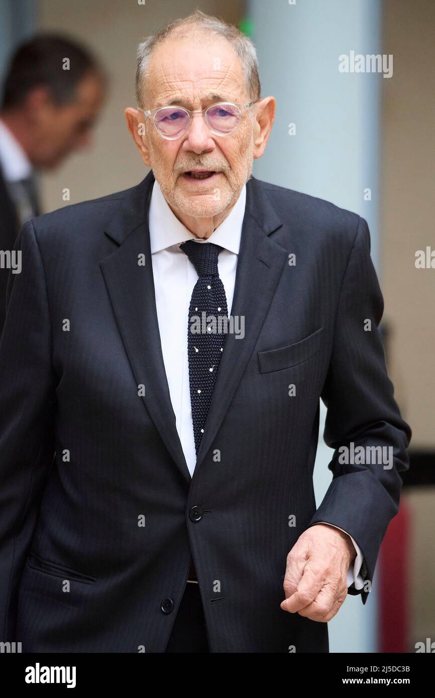 Alcala de Henares. Spagna. 20220422, Javier Solana partecipa alla cerimonia di premiazione Cervantes a Cristina Peri Rossi all'Università di Alcala de Henares il 22 aprile 2022 ad Alcala de Henares, Spagna Credit: MPG/Alamy Live News Foto Stock