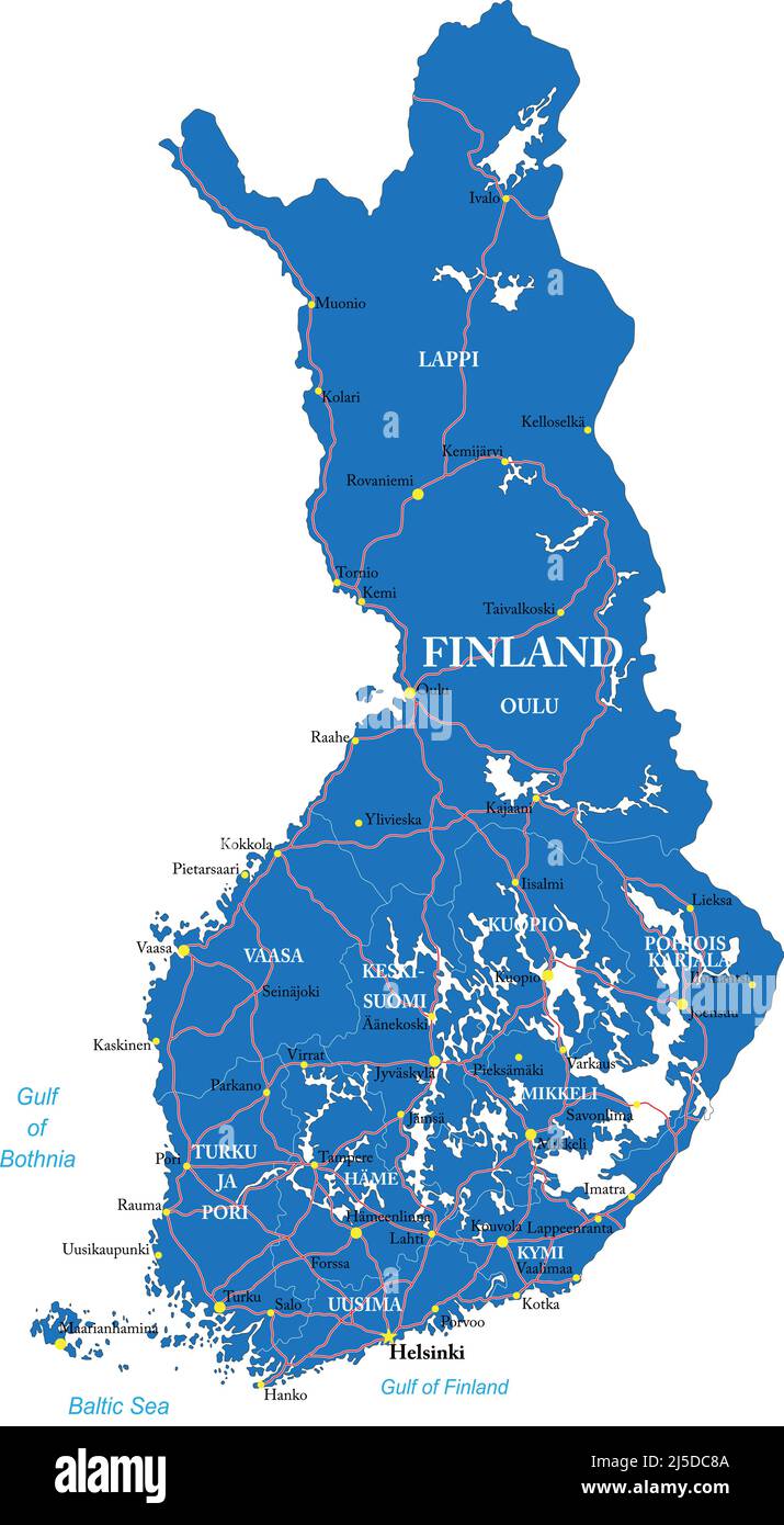 Finlandia Mappa vettoriale molto dettagliata con regioni amministrative, principali città e strade. Illustrazione Vettoriale