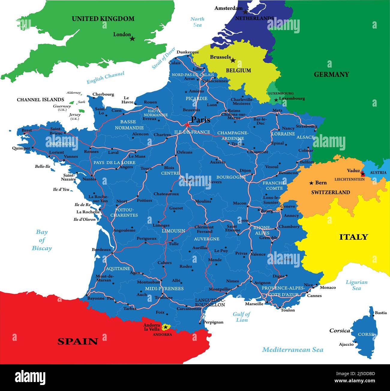 Mappa vettoriale molto dettagliata della Francia con regioni amministrative, principali città e strade Illustrazione Vettoriale