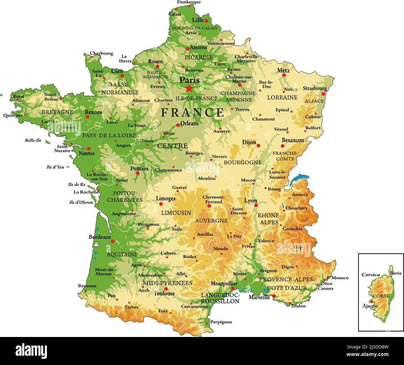France-carta fisica molto dettagliata, in formato vettoriale, con tutte le forme di rilievo, regioni e grandi città. Illustrazione Vettoriale