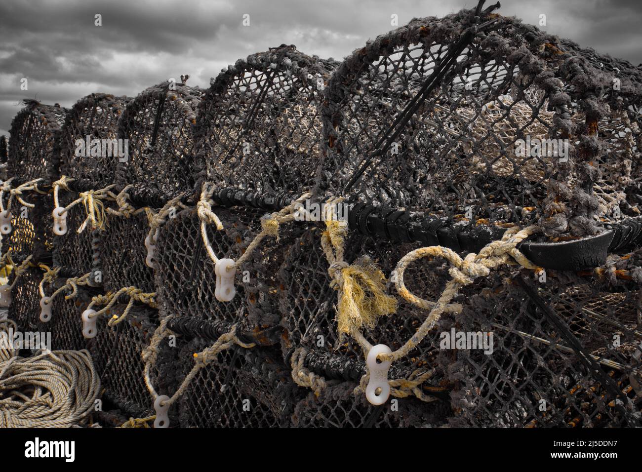 Vasi da pesca pronti per uscire in bianco e nero con illuminazione gialla Foto Stock