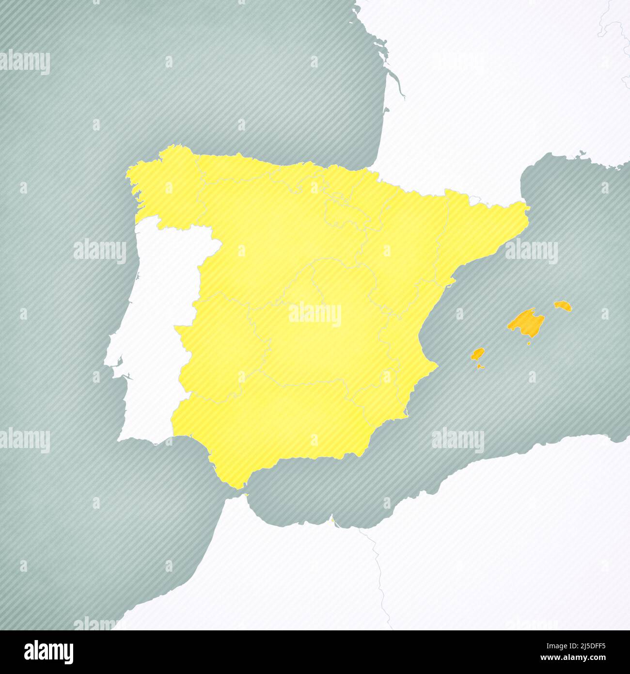 Isole Baleari sulla mappa della Spagna con sfondo vintage a righe morbide. Foto Stock