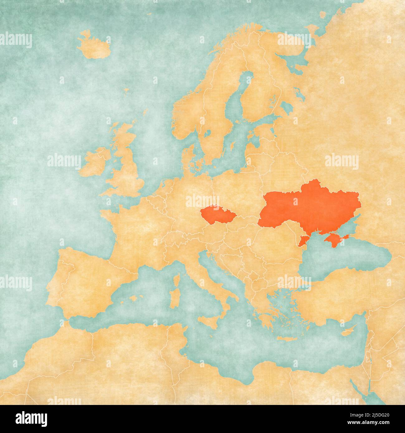 Ucraina e Repubblica Ceca sulla mappa d'Europa in morbido grunge e vintage stile, come carta vecchia con acquerello pittura. Foto Stock