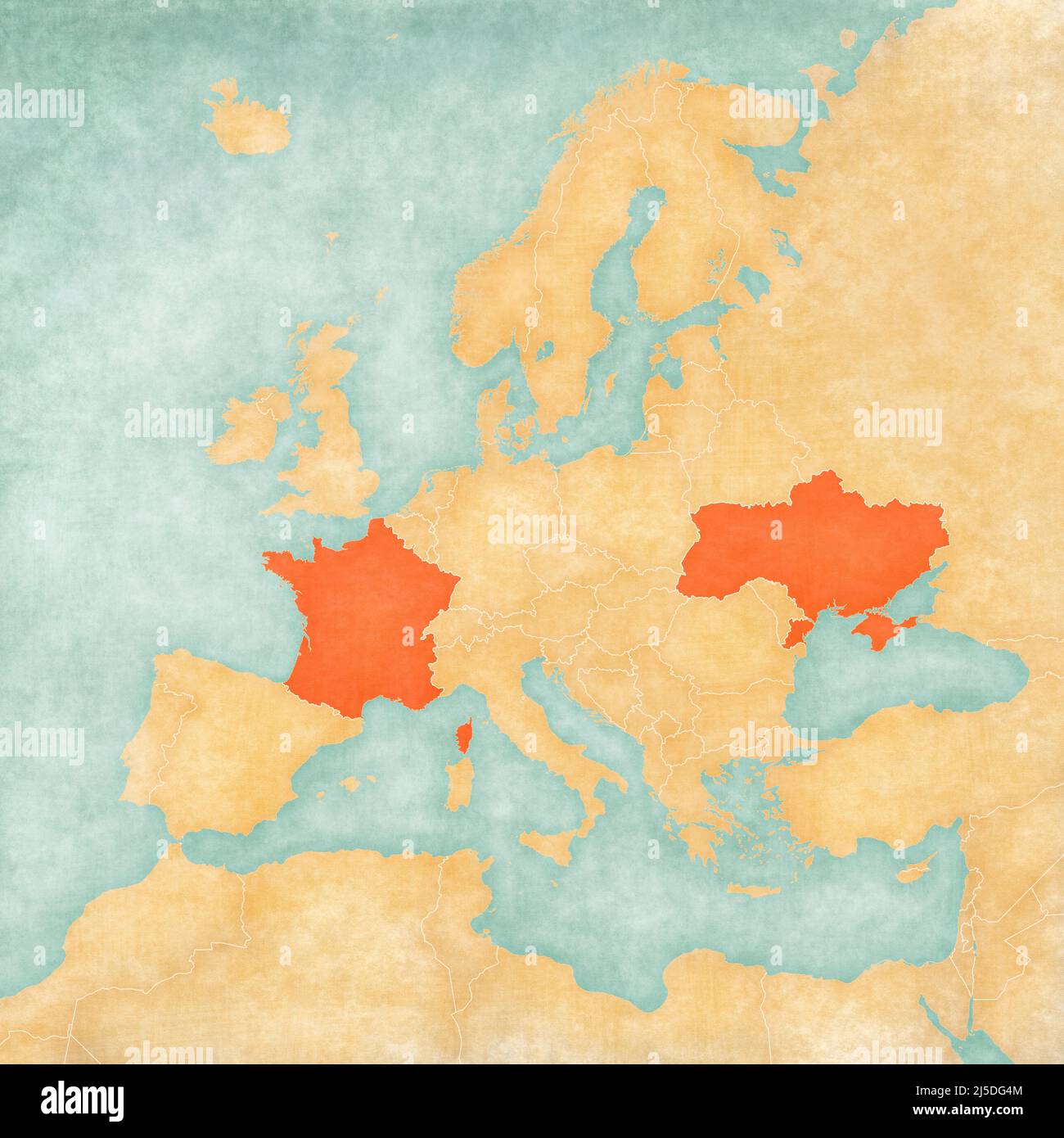 Ucraina e Francia sulla mappa d'Europa in morbido grunge e stile vintage, come carta vecchia con pittura acquerello. Foto Stock