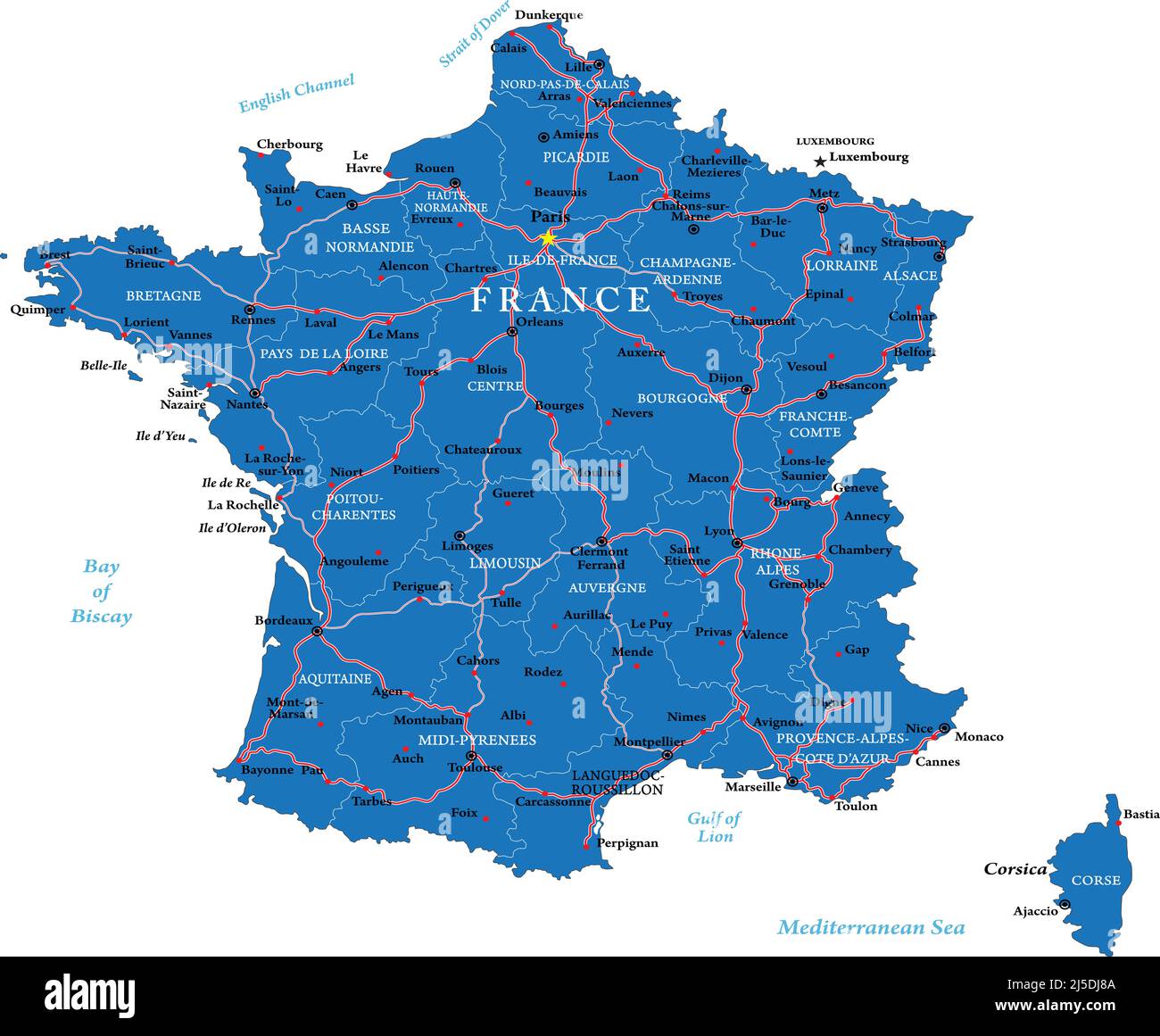 Mappa vettoriale molto dettagliata della Francia con regioni amministrative, principali città e strade. Illustrazione Vettoriale