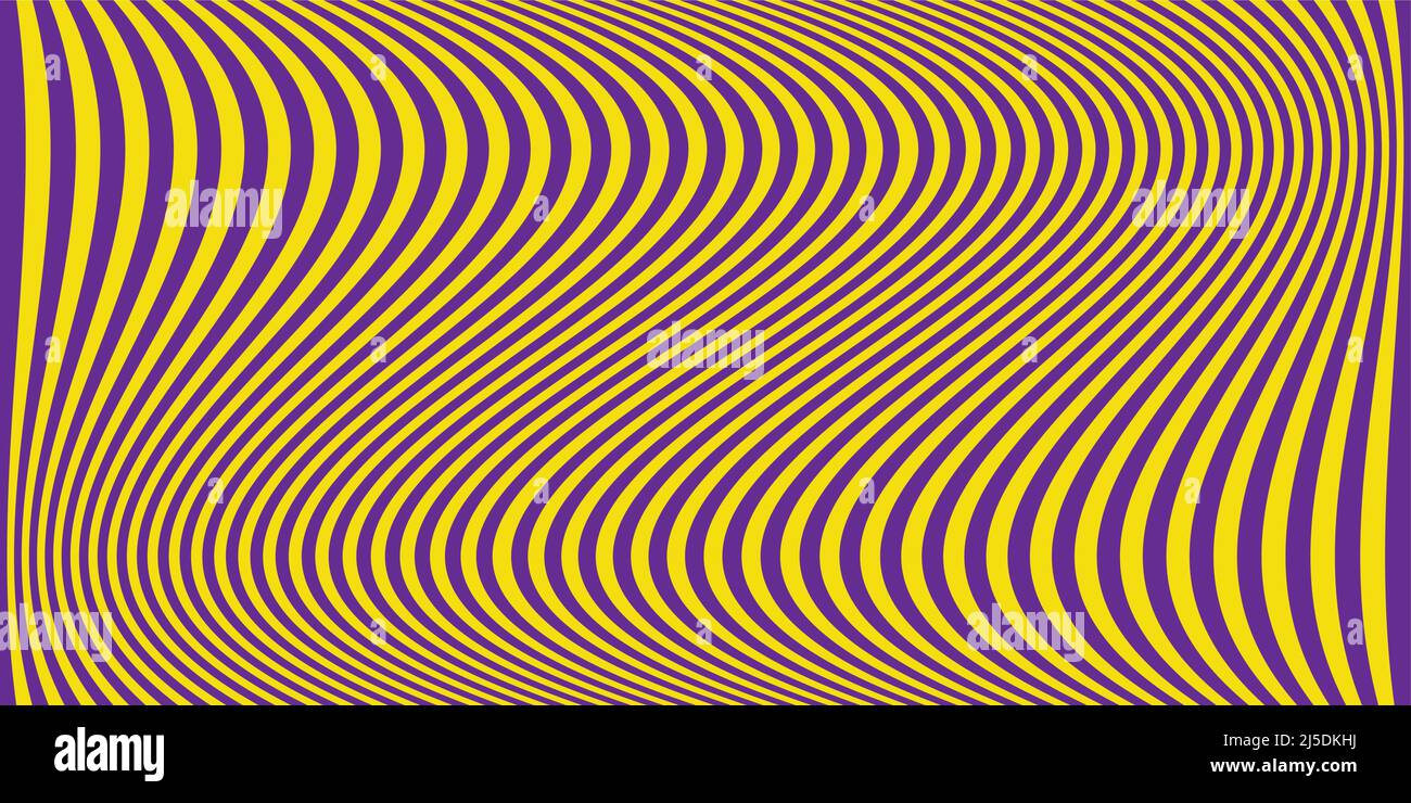 Banner a righe ondulate viola e giallo. Linee colorate psichedeliche. Modello astratto. Texture con curve a righe ondulate. Sfondo ottico. Moda Illustrazione Vettoriale