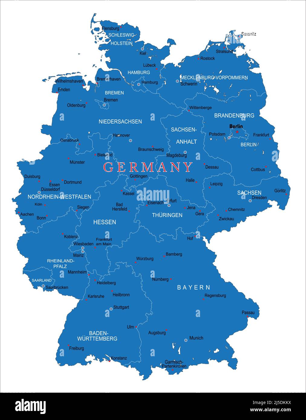 Mappa vettoriale molto dettagliata della Germania con regioni amministrative, principali città e strade Illustrazione Vettoriale