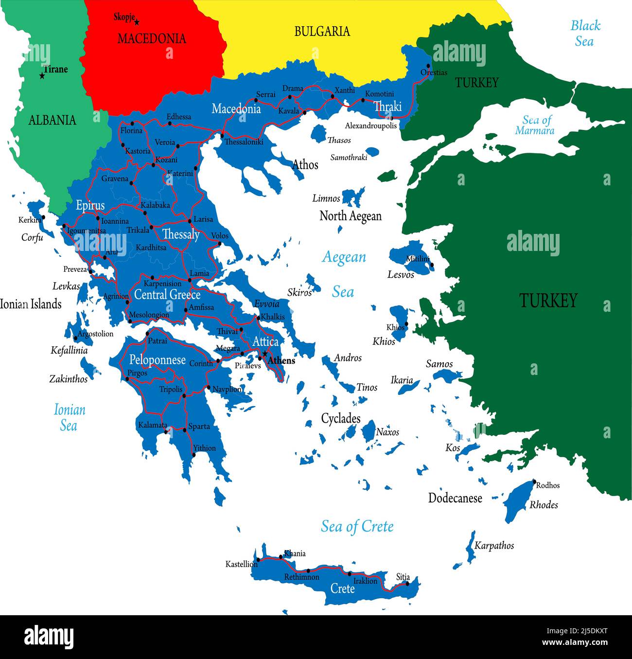 Mappa vettoriale molto dettagliata della Grecia con regioni amministrative, principali città e strade Illustrazione Vettoriale