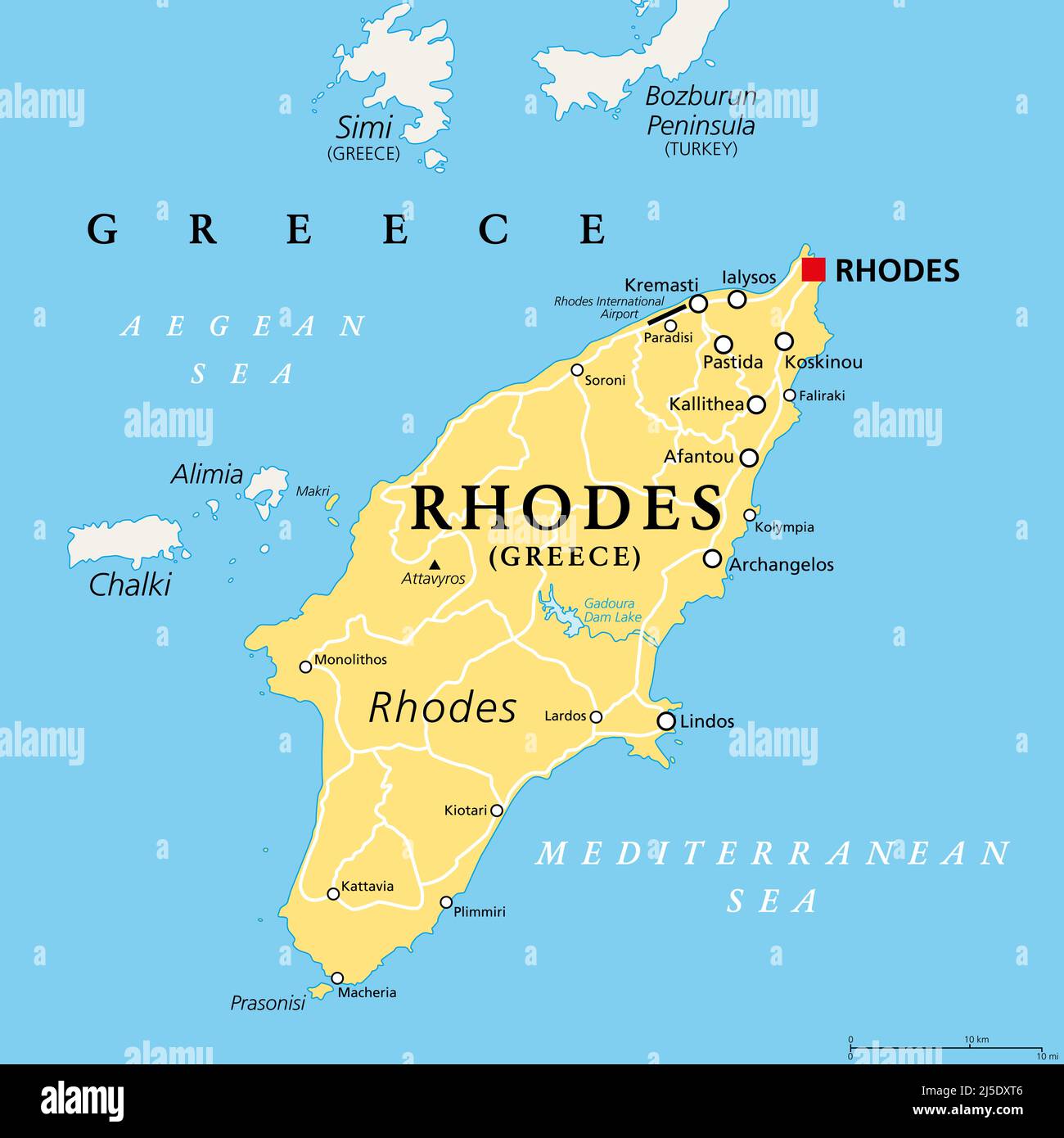 Rodi, isola greca, mappa politica. La più grande delle isole Dodecanesi della Grecia, nel Mar Mediterraneo, con diversi soprannomi, come l'Isola del Sole. Foto Stock