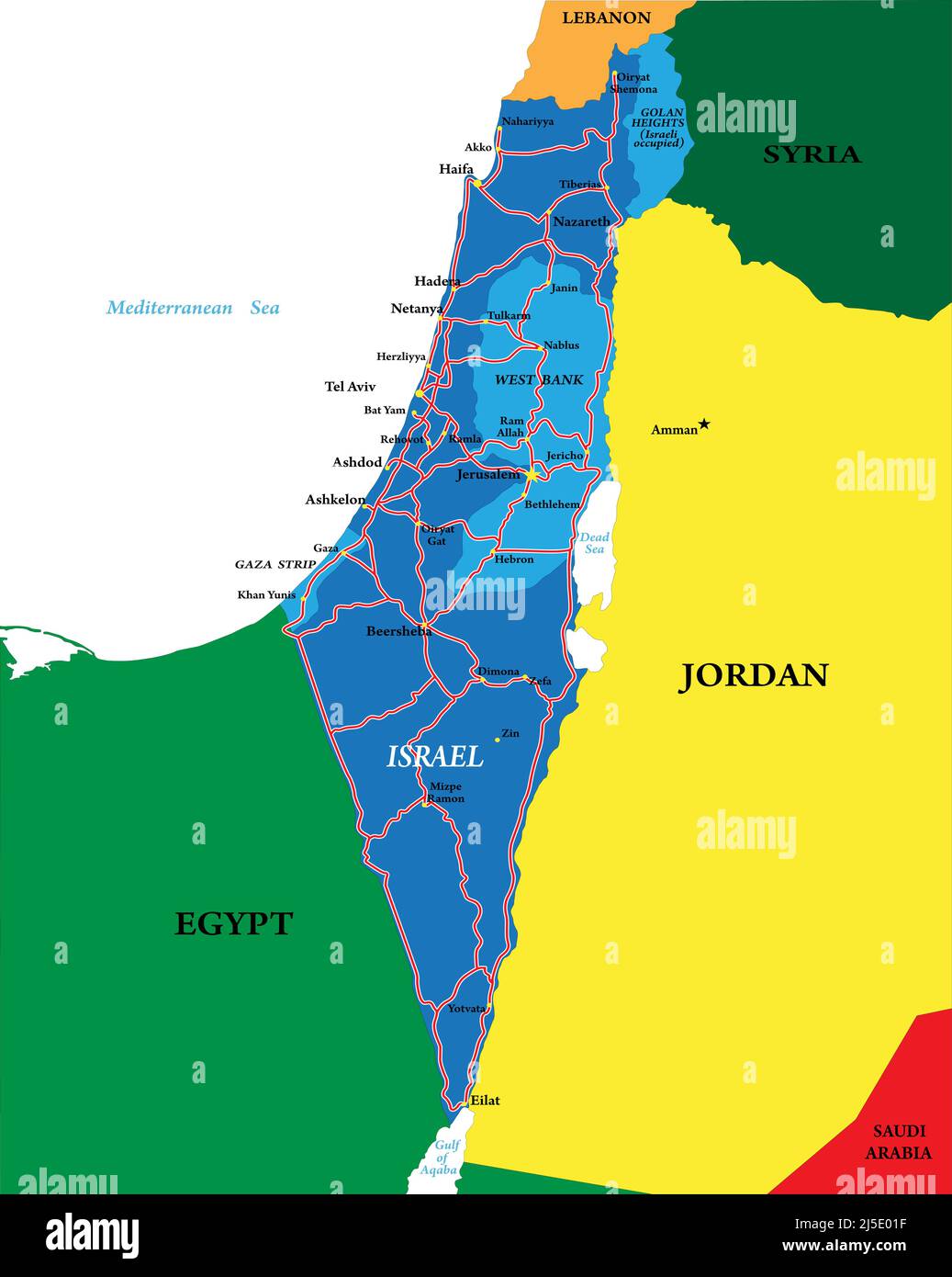 Mappa vettoriale molto dettagliata di Israele con le principali città, strade e paesi vicini. Illustrazione Vettoriale