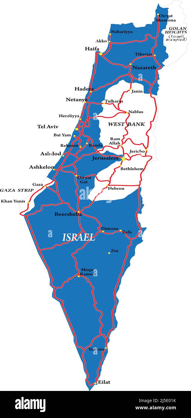 Mappa vettoriale molto dettagliata di Israele con le principali città, strade e paesi vicini. Illustrazione Vettoriale
