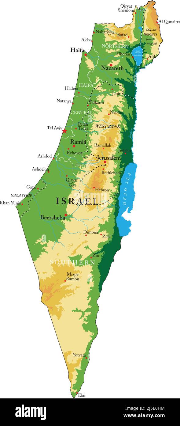 Israele- Mappa fisica molto dettagliata, in formato vettoriale, con tutte le forme di rilievo, le regioni e le grandi città. Illustrazione Vettoriale