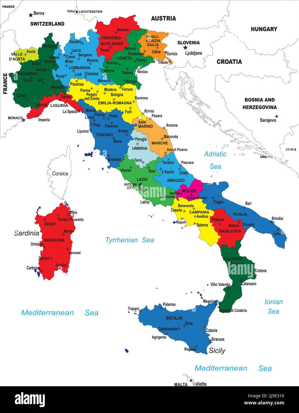 Mappa molto dettagliata dell'Italia con tutte le diverse regioni selezionabili individualmente. Illustrazione Vettoriale