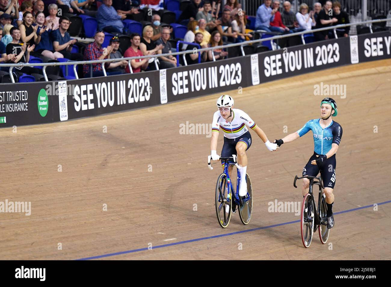 Julian Alaphilippe in Italia, dopo aver vinto l'ultimo giorno di eliminazione Mens della Tissot UCI Track Nations Cup 2022 al Sir Chris Hoy Velodrome di Glasgow. Data foto: Venerdì 22 aprile 2022. Foto Stock