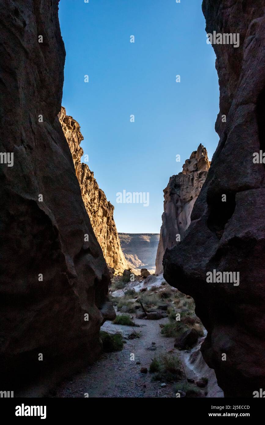Guardando indietro attraverso il Banshee Canyon dal sentiero escursionistico Rings Loop nel Parco Nazionale di Mojave in una serata tranquilla con luce soffusa. Foto Stock