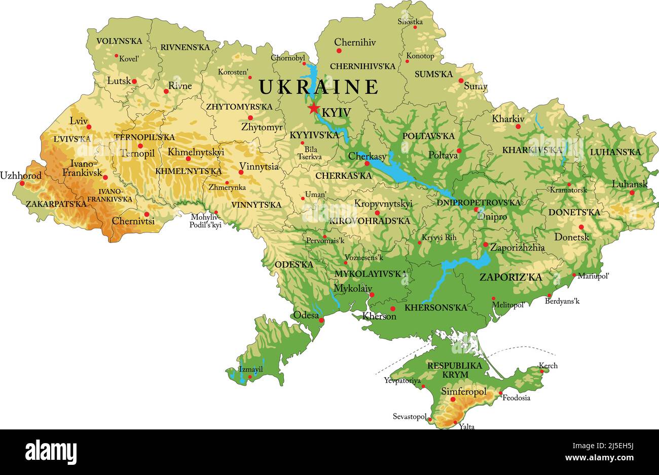 Mappa fisica molto dettagliata dell'Ucraina, in formato vettoriale, con tutte le forme di rilievo, regioni e grandi città. Illustrazione Vettoriale