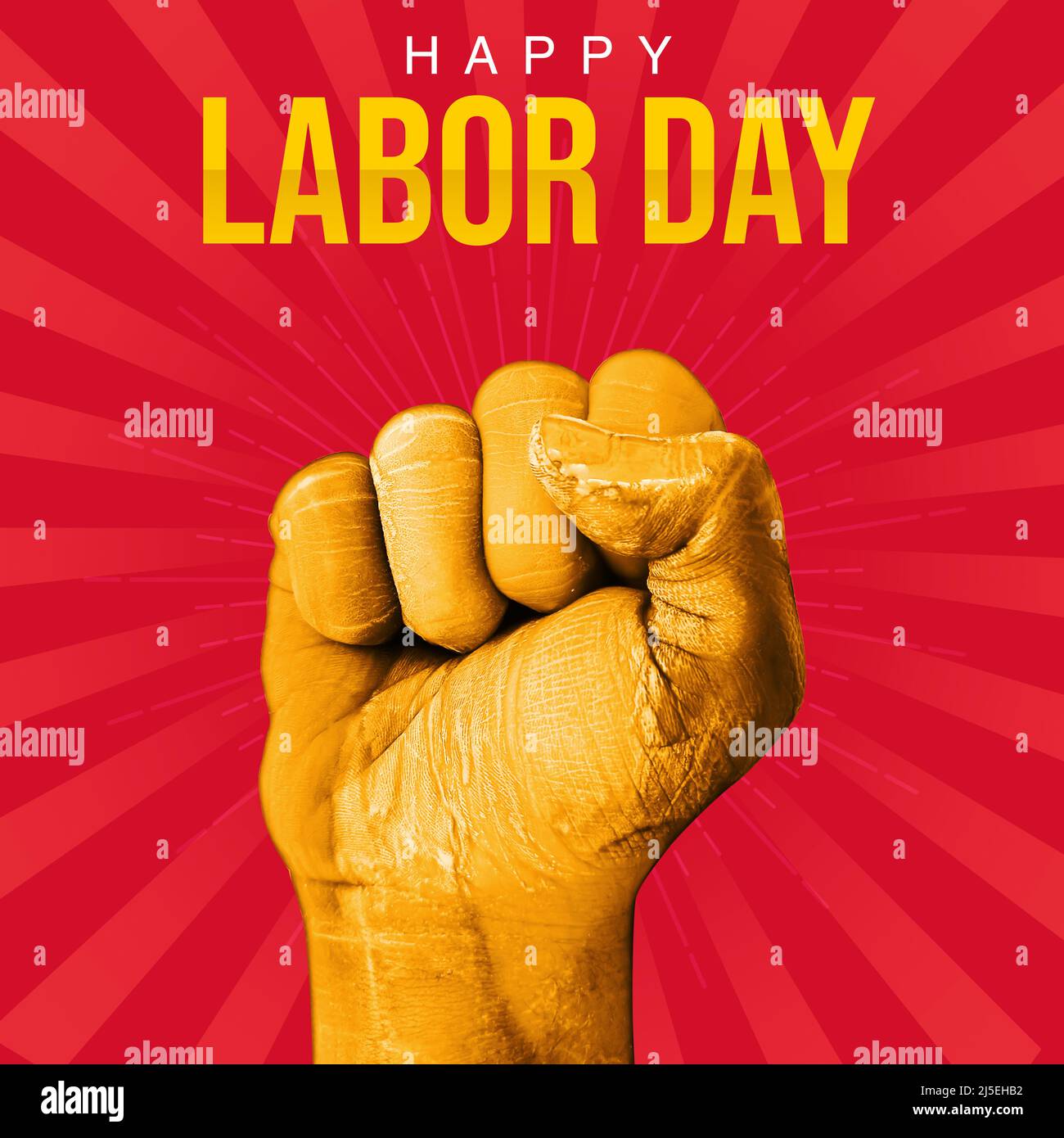 Giornata felice del lavoro con Golden Fist Raised e sfondo rosso. Post-progettazione del Labor Day Foto Stock