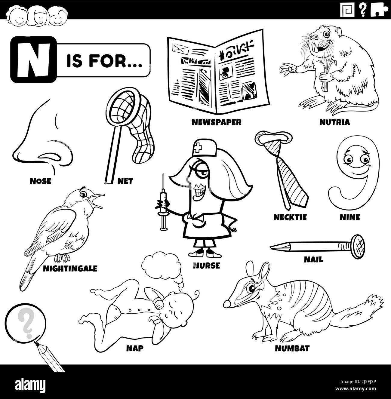 Illustrazione di cartoni animati didattici in bianco e nero per bambini con caratteri fumetti e oggetti impostati per la pagina di libro da colorare lettera N. Illustrazione Vettoriale