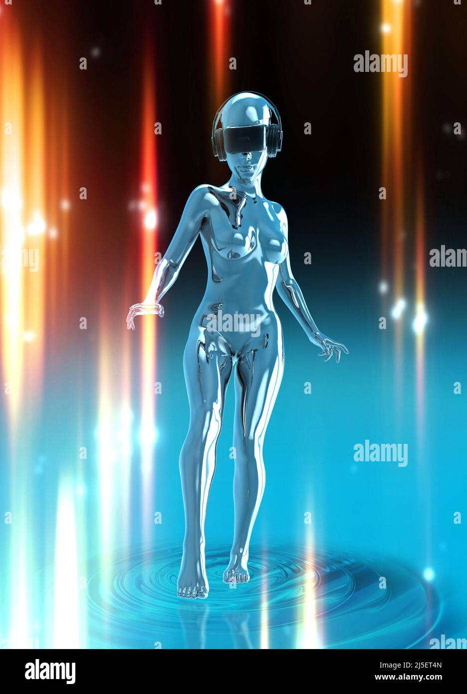 Donna che indossa una cuffia per realtà virtuale, illustrazione Foto Stock